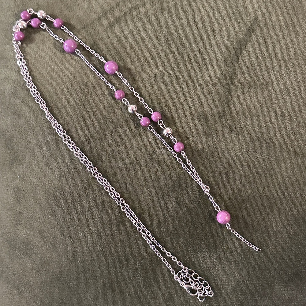 Long necklace - silver tone and purple beading
